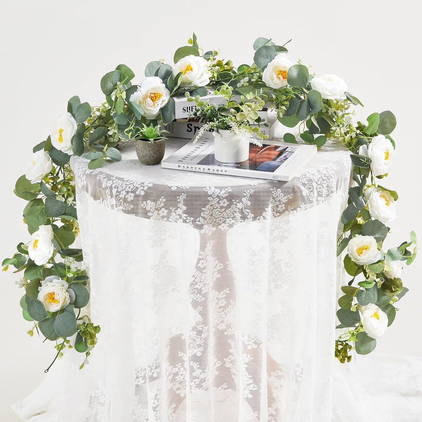 2 Pack 12Ft Artificial Eucalyptus Flower Garland with White Roses, Fake Flowers Greenery Garland Flower Vines for Wedding Party Mantle Table Runner Spring Summer Home Decor (2PCS,White