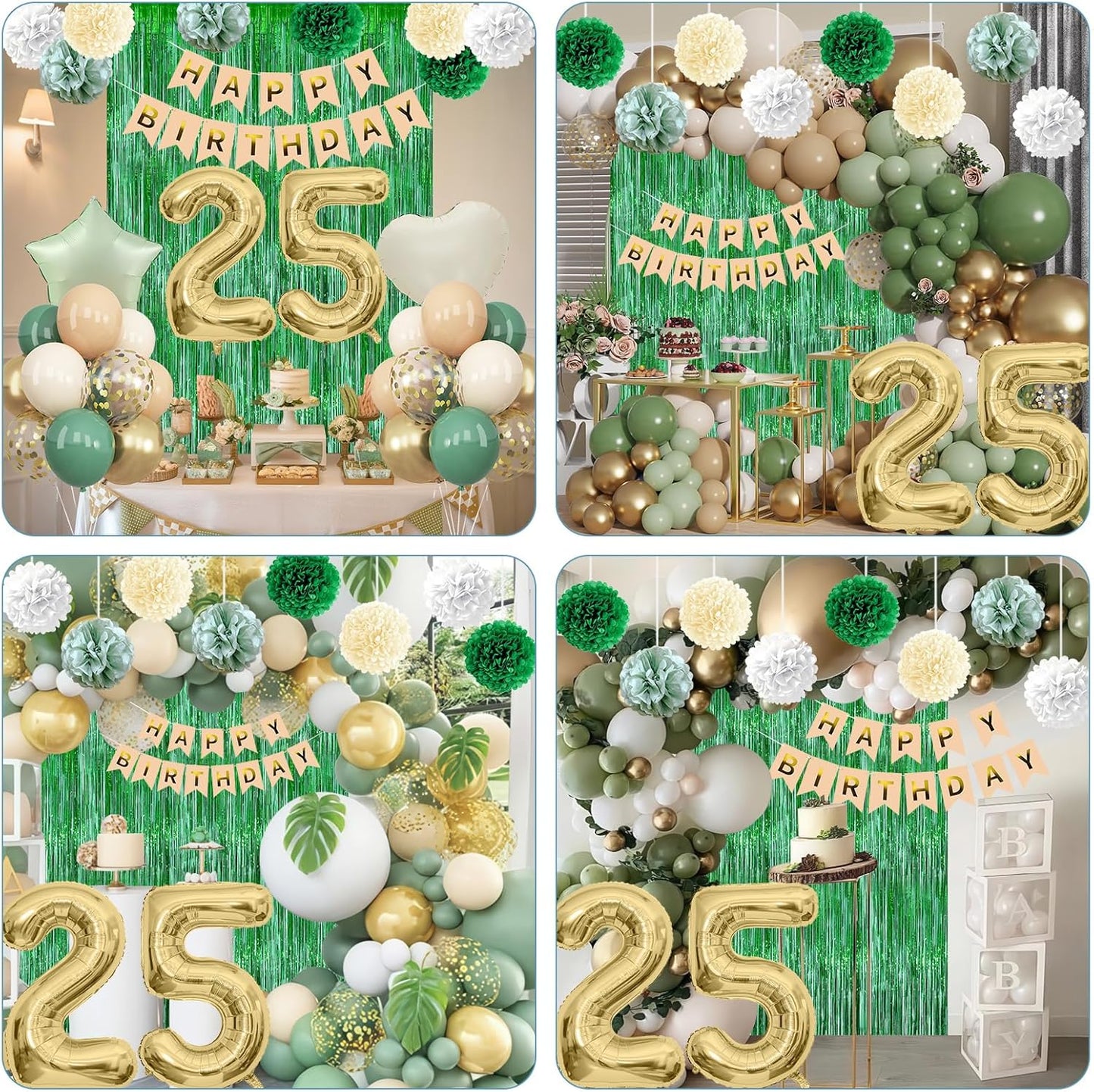 Sage Green 25th Birthday Decorations for Him Gold Number 25 Balloon Nude Gold Happy Birthday Banner Fringe Curtain Paper Pom Poms Olive Green Cream White Sand Star Foil Balloons Party Decor