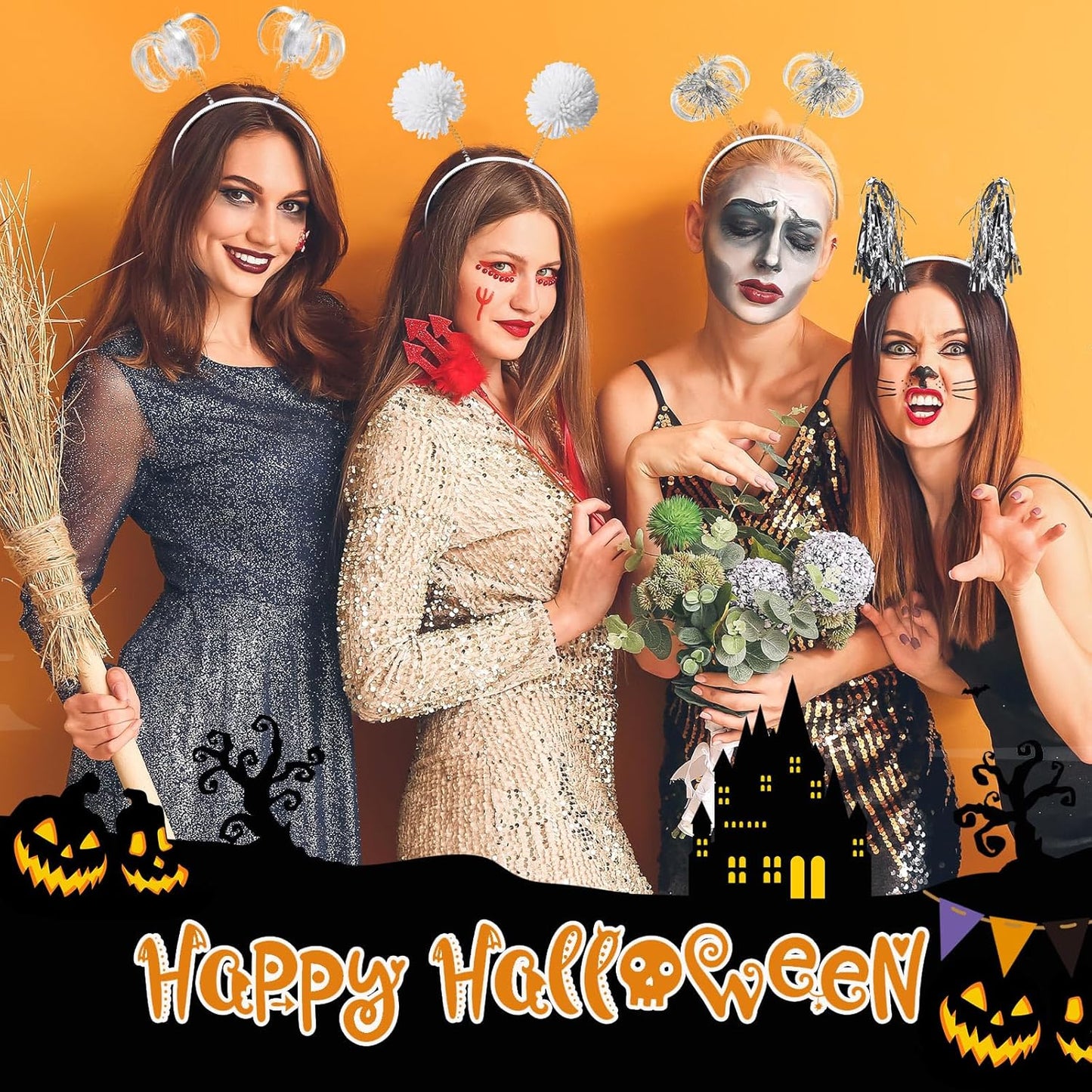 Censen 12 Pcs Halloween Pom Pom Party Headbands Tinsel Ponytails Spirit Head Bopper Headwear for Christmas Birthday Holiday