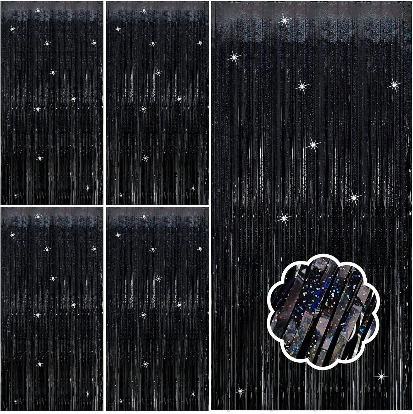 5 Pack Black Photo Backdrop Party Streamers Metallic Tinsel Curtains for Birthday Halloween Decor Bachelorette Wednesday Wizard Party