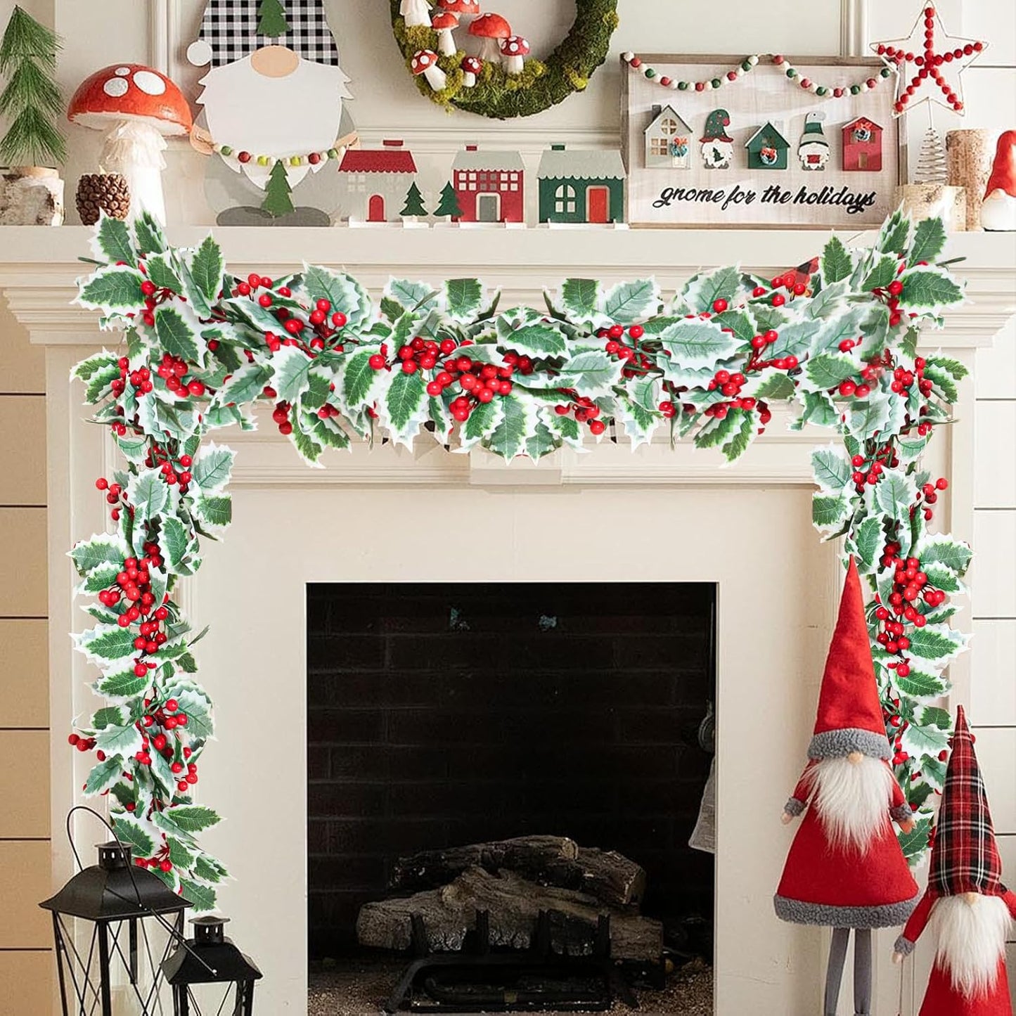 MAKHOT 6Ft Eucalyptus Garland, Green Leaves Wreath Vines Garlands Decorations, Artificial Red Berry Garland for Fireplace Gate Mantle Table Home Party Decor