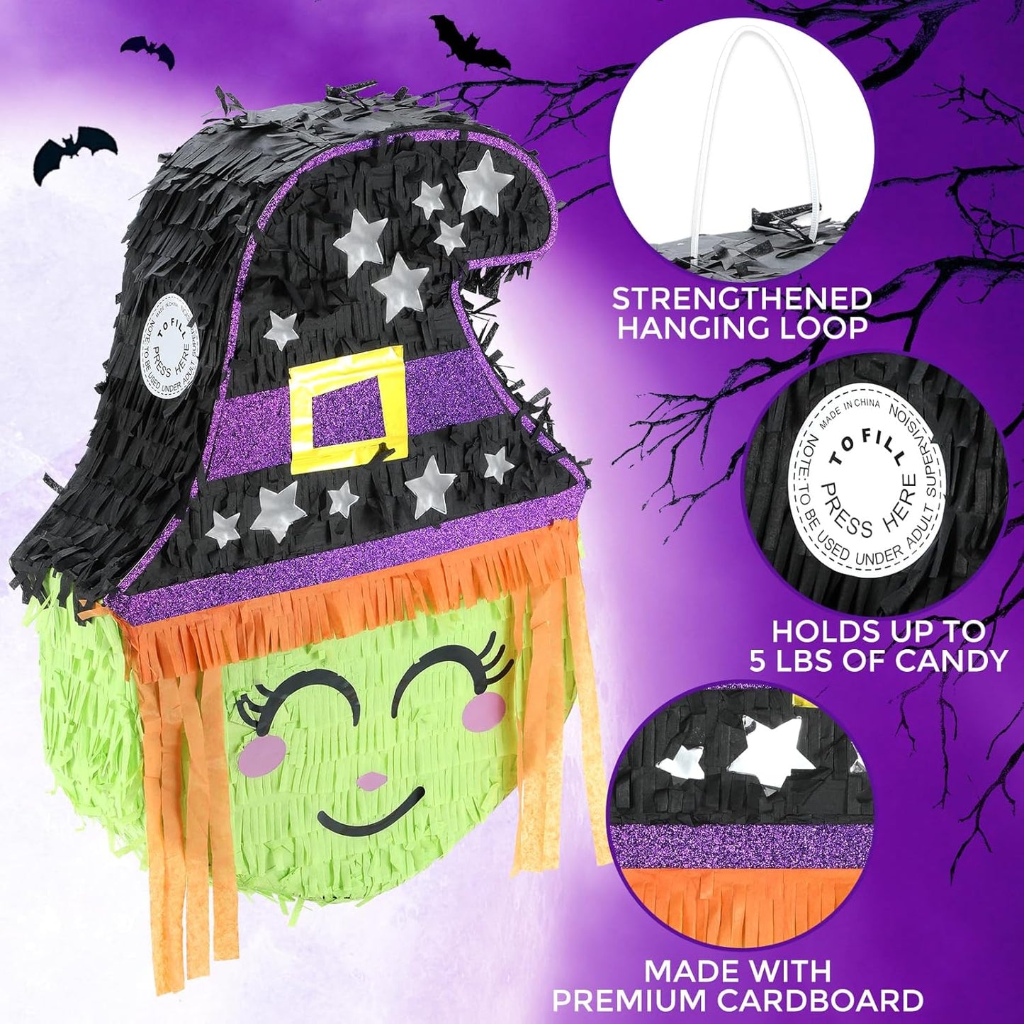 Halloween Witch Pinatas Bundle with a Blindfold and Bat (16.5x12.5x4 Inches), Wizarding Theme Birthday Party