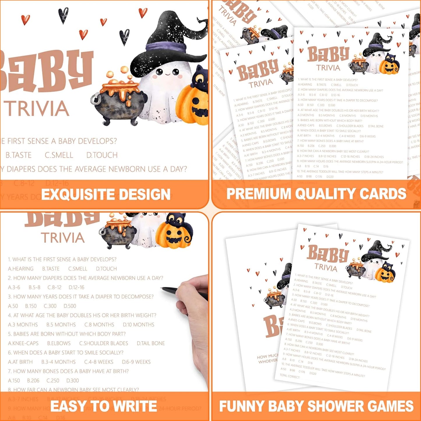Baby Shower Games, Halloween Baby Trivia, 25 Double-Sided Game Cards + 1 Answer Card for Gender Reveal Party Decorations Supplies Announcement - B05