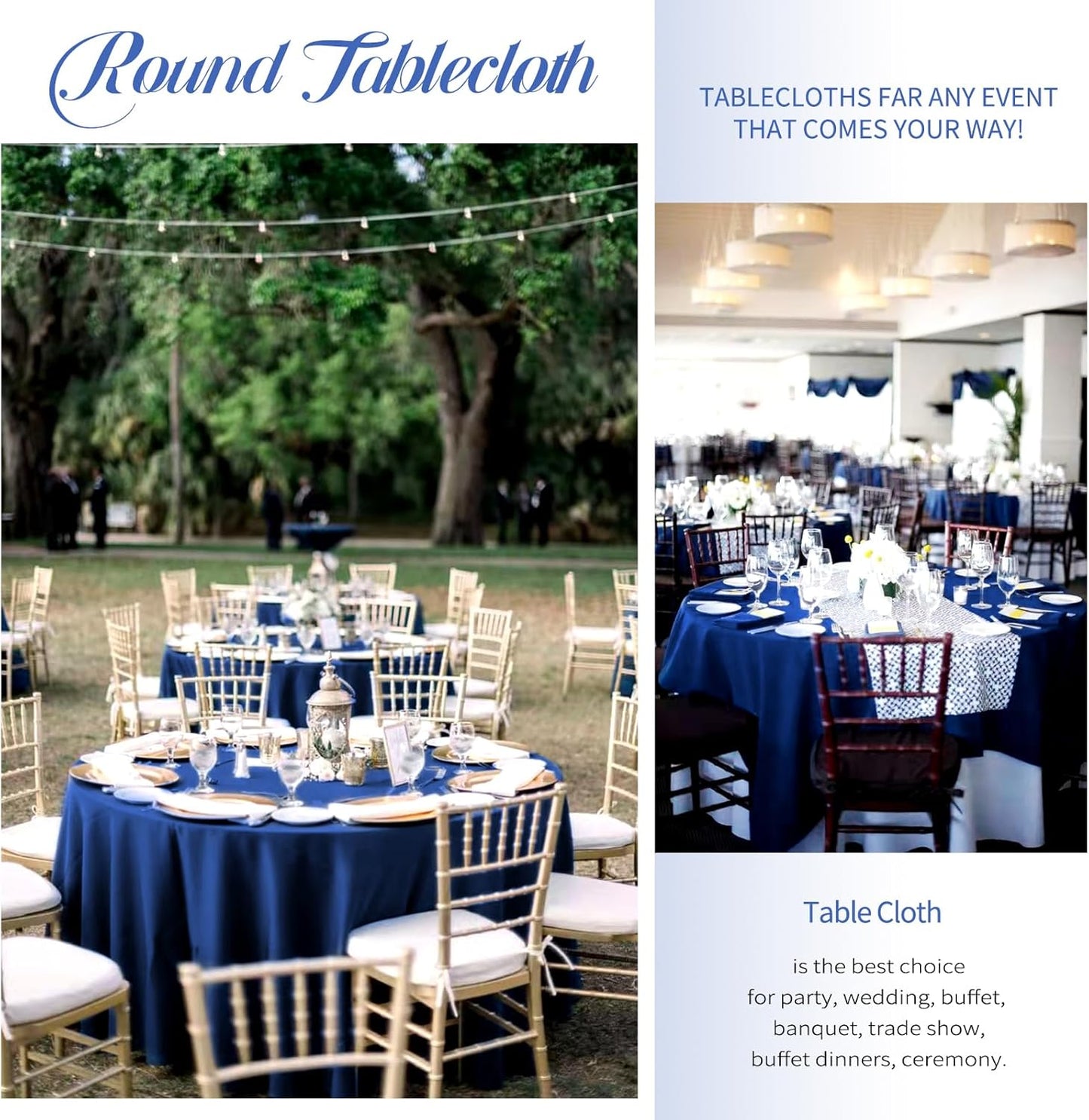 6 Pack Round Tablecloths - 90 Inch, Navy Blue Polyester Table Cover, Stain and Wrinkle Resistant Washable Fabric, Wedding Banquet Parties