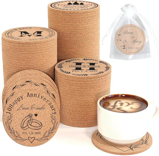 Custom Coasters Personalized Cork Coasters Bulk with Logo Wedding Personalized Cork Natural Wood Engraved Drink for Wedding Favors (Cork Coasters - Circle)