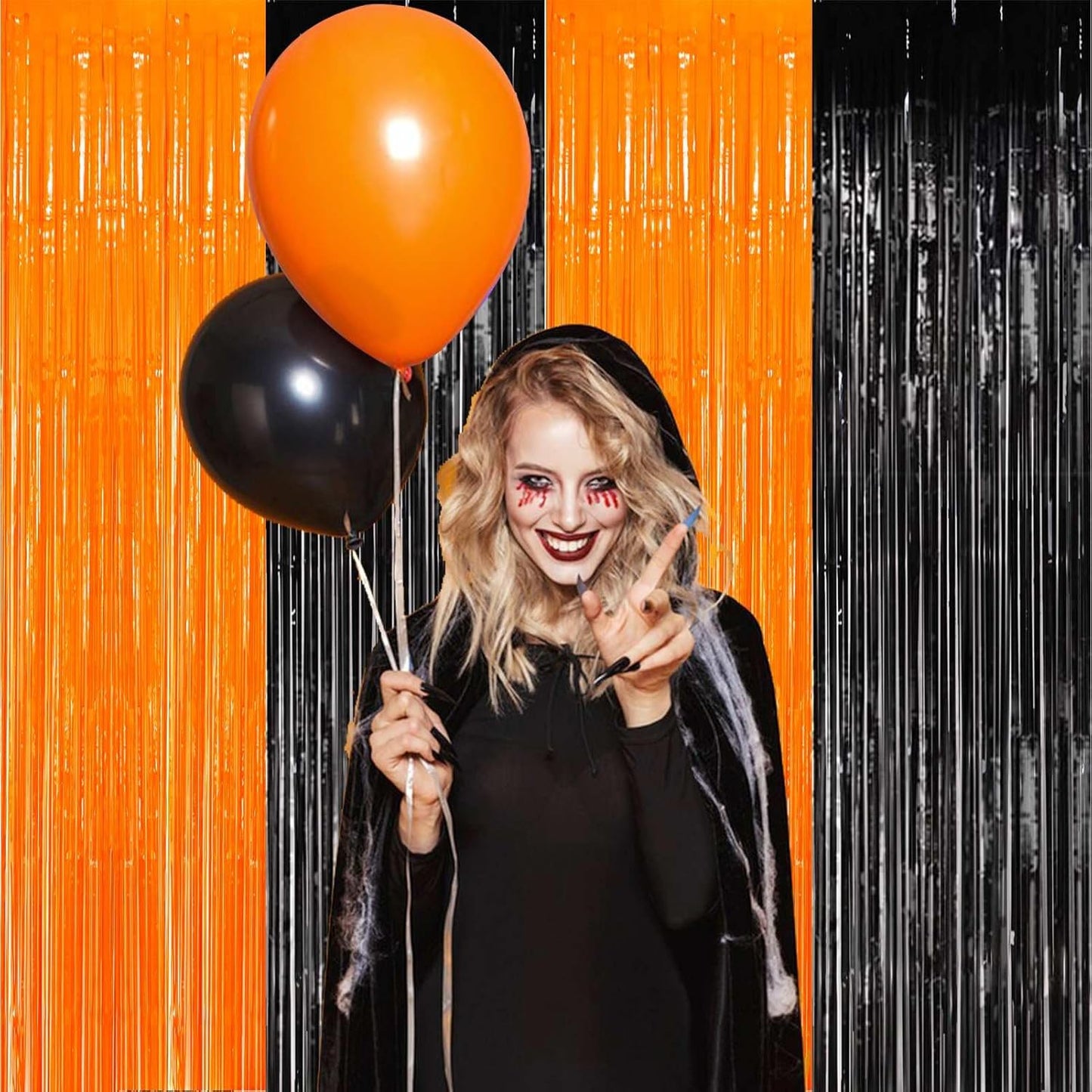 Foil Fringe Curtains-4 Pack of 3.2x8.2ft Orange Black Foil Fringe Curtains for Birthday Halloween Photo Backdrop Party Decorations, Orange and Black Party Streamers for Photo Booth Props