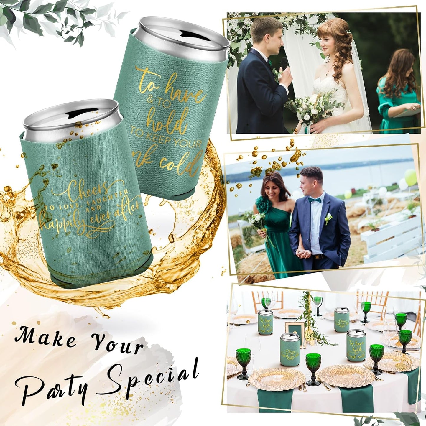 50 Pieces Green Wedding Can Cooler Bulk Engagement Party Favors for Guests Cheers to Love Laughter and Happily Ever After Rehearsal Dinner Decorations for Wedding Bridal Party
