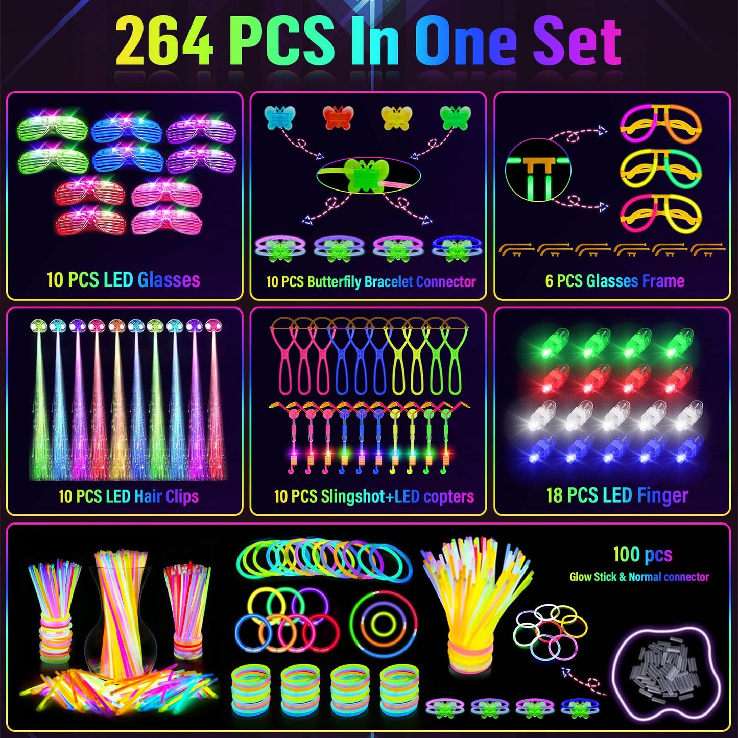 OLUPP Glow in the Dark Party Supplies, 264 PCS Light Up Party Favors with LED Glasses,Glow