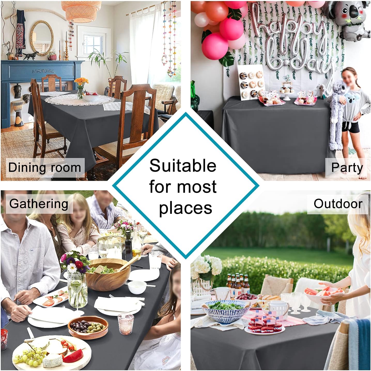 Hiasan Rectangle Tablecloth Grey - Wrinkle Resistant and Waterproof Washable Polyester Fabric Table Cloth for Dining Party and Outdoor Use, 70 x 90 Inch