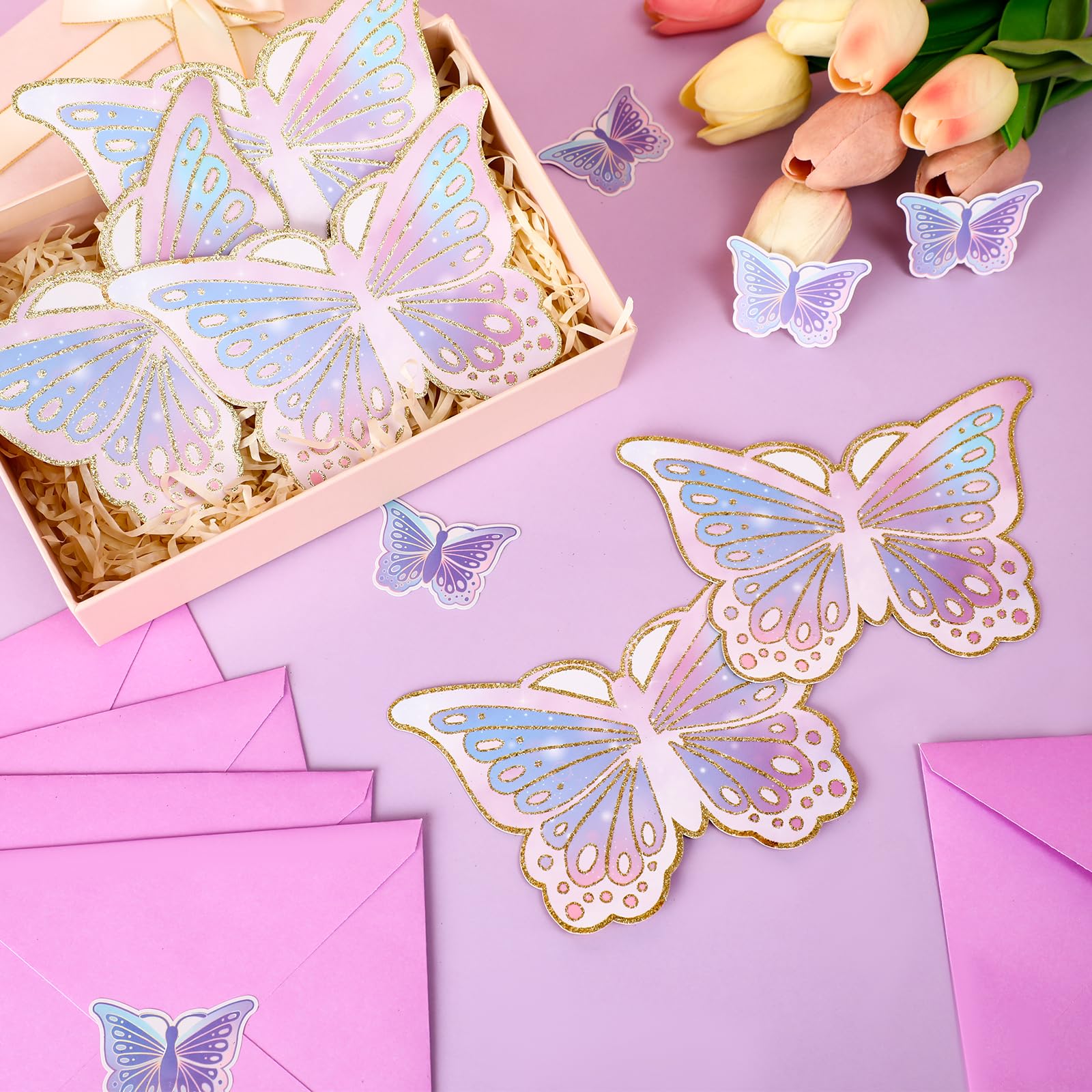 Hotop 24Sets Butterfly Birthday Invitation with Envelope & Sticker for Girl