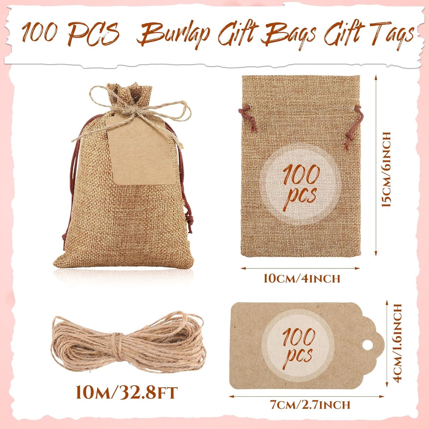 Woanger 100 Pcs Burlap Gift Bags with 100 Pcs Kraft Paper Gift Tags with Drawstring Favor Bulk Burlap Sack Bags for DIY Wedding Party Craft(4 x 6 Inch,Dark Brown)
