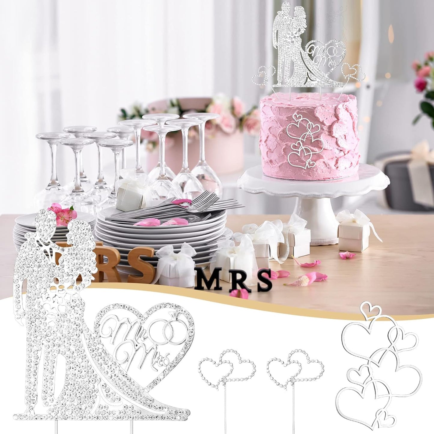 Spiareal 4 Pcs Wedding Cake Topper Mr and Mrs Rhinestone Bride and Groom Love Cake Topper Metal Crystal Heart Shaped Happy Engagement Anniversary Funny Diamond Party Decor for Bridal Shower(Silver)