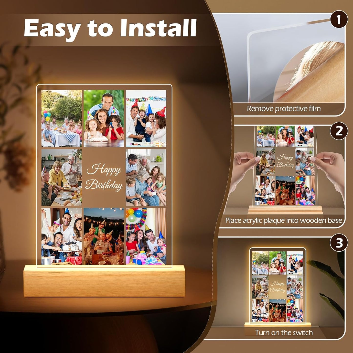 Custom Picture Frames with Photo, Personalized Collage Photo Frame with Night Light, Customized Picture Frame, Personalized Birthday Gifts for Women, Men, Him, Her, Mom, Dad, Family