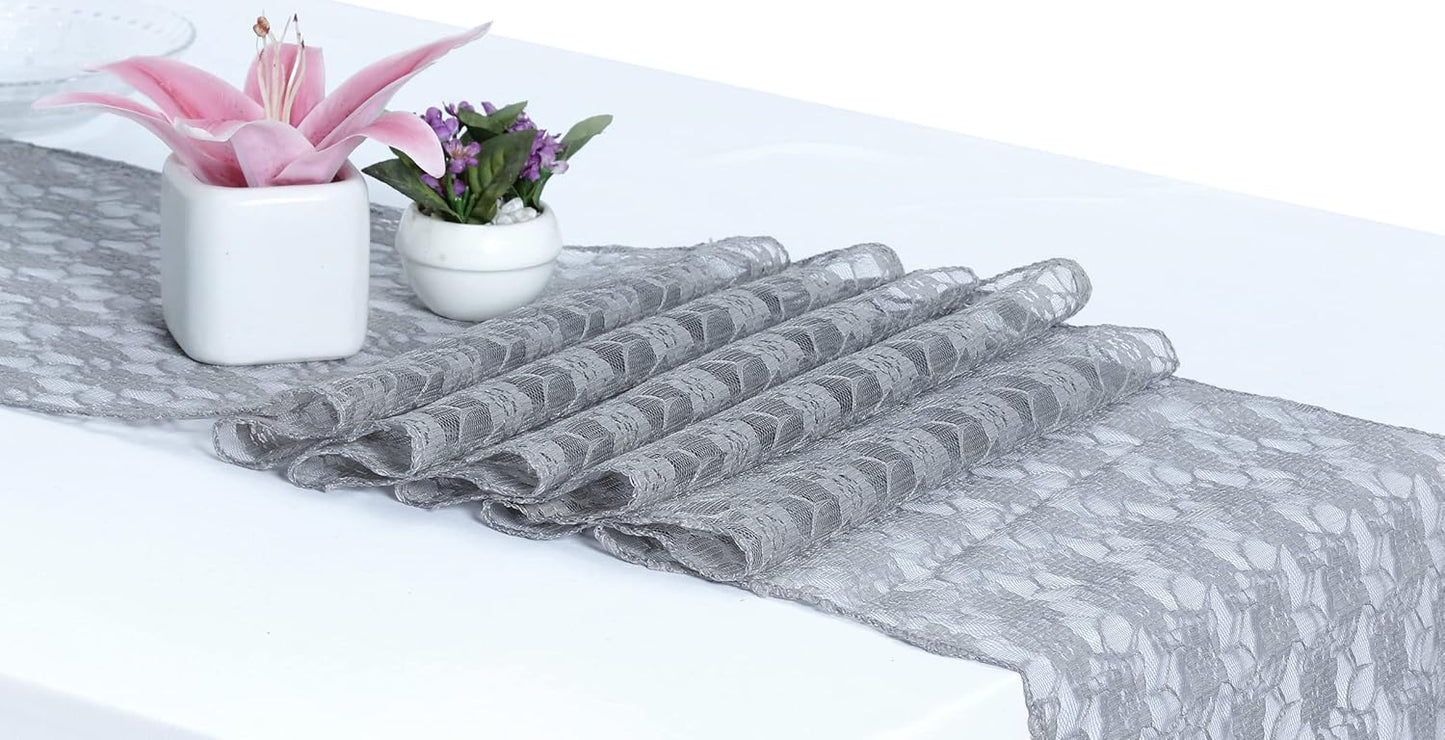 MDS Pack of 25 Wedding 12 x 108 inches Lace Table Runner for Wedding, Decorations for Birthday Parties, Banquets, Graduations, Engagements, and Runners fit Rectangle, Round Table- Silver Gray
