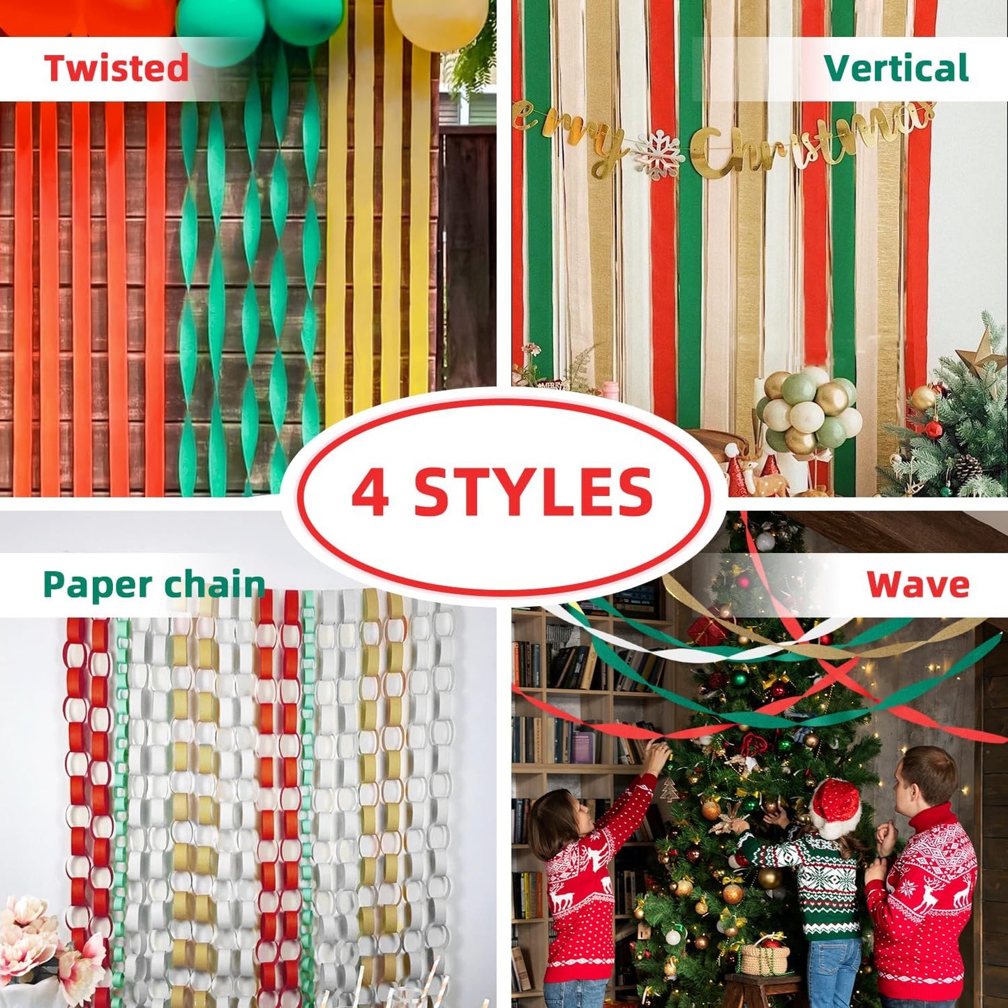 Crepe Paper Streamers 8 Rolls 656ft, Pack of Green, Red, Gold, White Party Streamers for Christmas Decorations, Streamers Party Decorations, Holiday Decorations Indoor (1.8 Inch x 82 Ft/Roll)