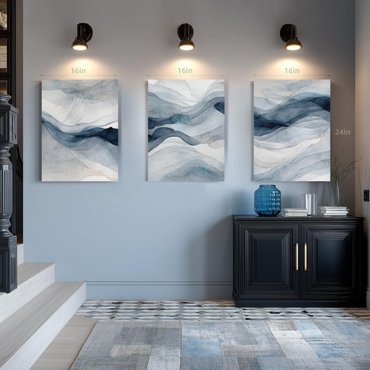 IAFWZX Framed Blue Gray Abstract Wall Art, Modern Minimalist Waves Wall Decor, Neutral Watercolor Line Canvas Paintings, Navy Blue Watercolor Poster Prints for Bedroom Living Room Office 16"x24"x3