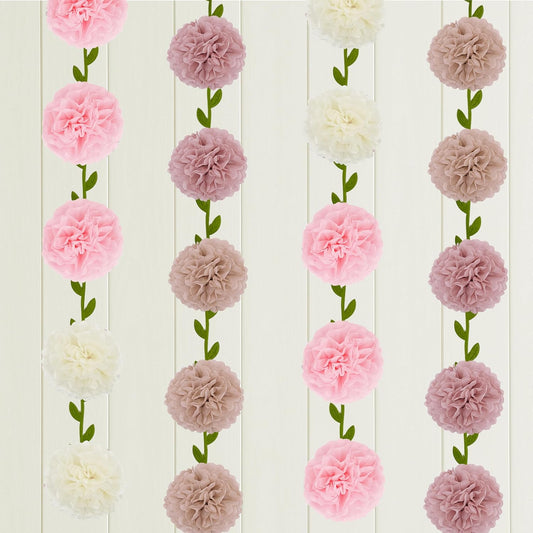 2 Pack Nude Pink Beige Tissue Paper Pom Pom Garlands Hanging with Cloth Vine for Nature Garden Fence Birthday Paty Decorations, 6.6Ft Length