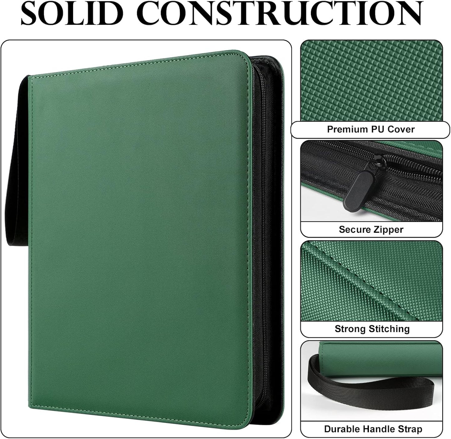 GEAoffice Trading Card Binder 12 Pocket for 720 Cards, Ringless Side Loading Card Collection Binder Album Folder for MTG, TCG, Game&Sports, PU Cover, Non-PVC, Green