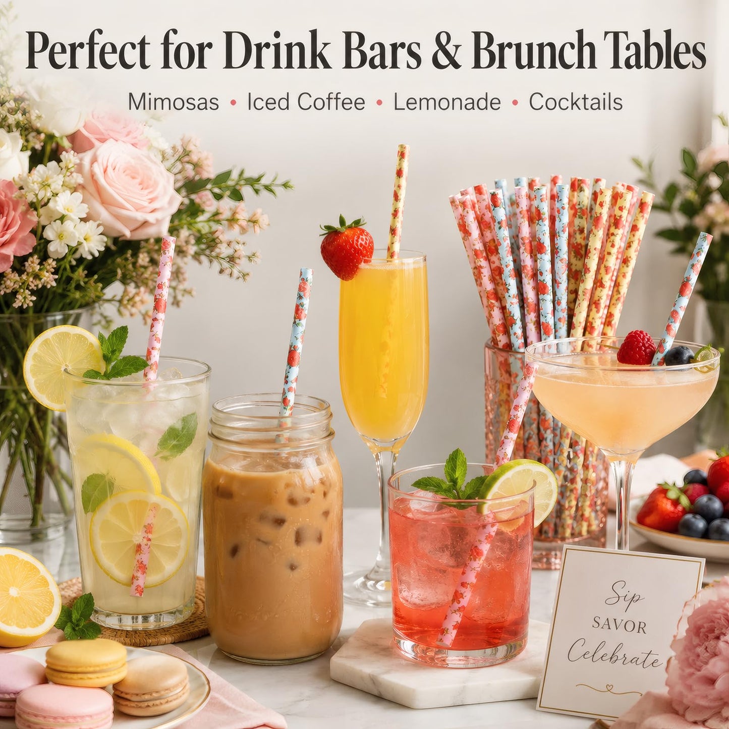 ALINK Floral Paper Straws 100 Count, 7.75 Inch Vintage Rose Disposable Drinking Straws, Decorative