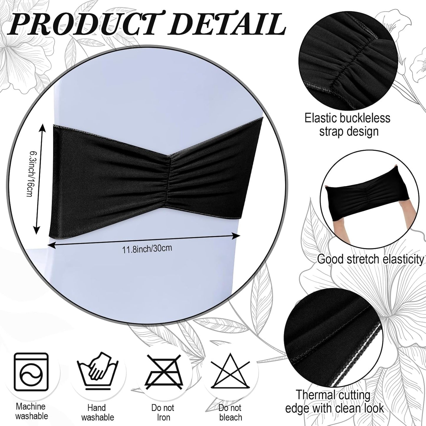 Moukeren 100 Pcs Spandex Chair Sashes Bows Bands Slider Sashes for Chair Covers Elastic Bands Ties Ribbon Decorations for Wedding Party Events Ceremony Birthday Banquet(Black)