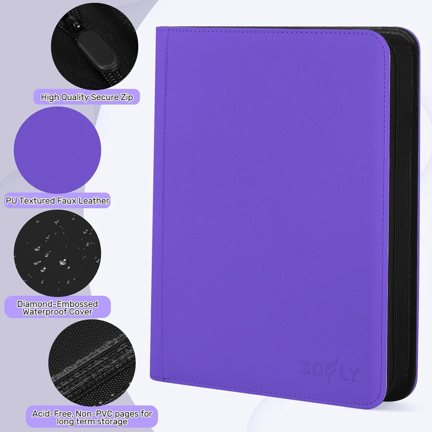 Trading Card Binder 9 Pocket, Zofly Zipper Card Collection Binder Album, Sturdy 540 Side-Loading Card Folder Holder for MTG, TCG, Sports Cards, Game Cards, Purple