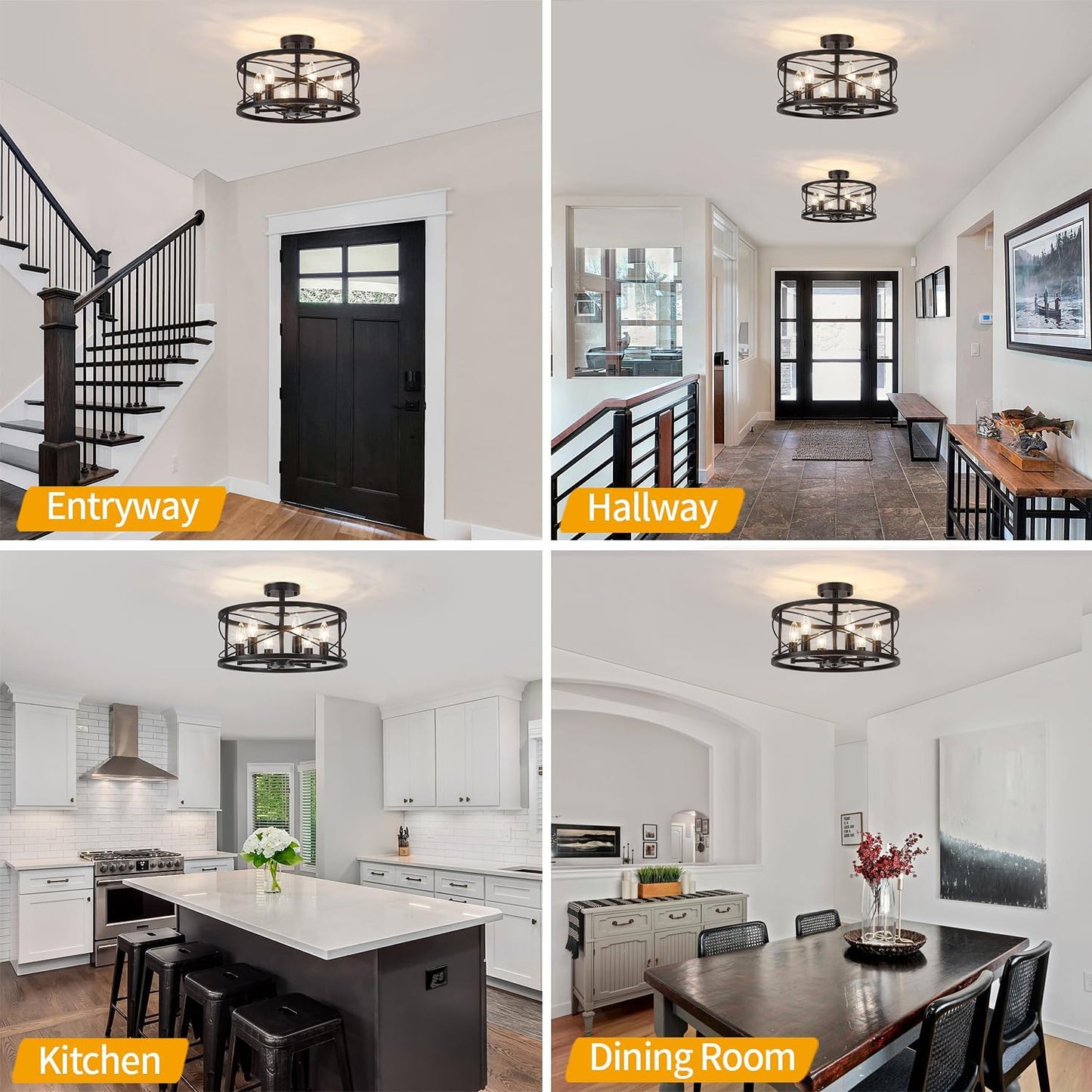 6-Light Black Semi Flush Mount Ceiling Light, 16.54'' Modern Farmhouse Close to Ceiling Light Fixtures, Ceiling Lamp for Hallway Entryway Kitchen Dining Room Living Room Bedroom Lights, UL Listed