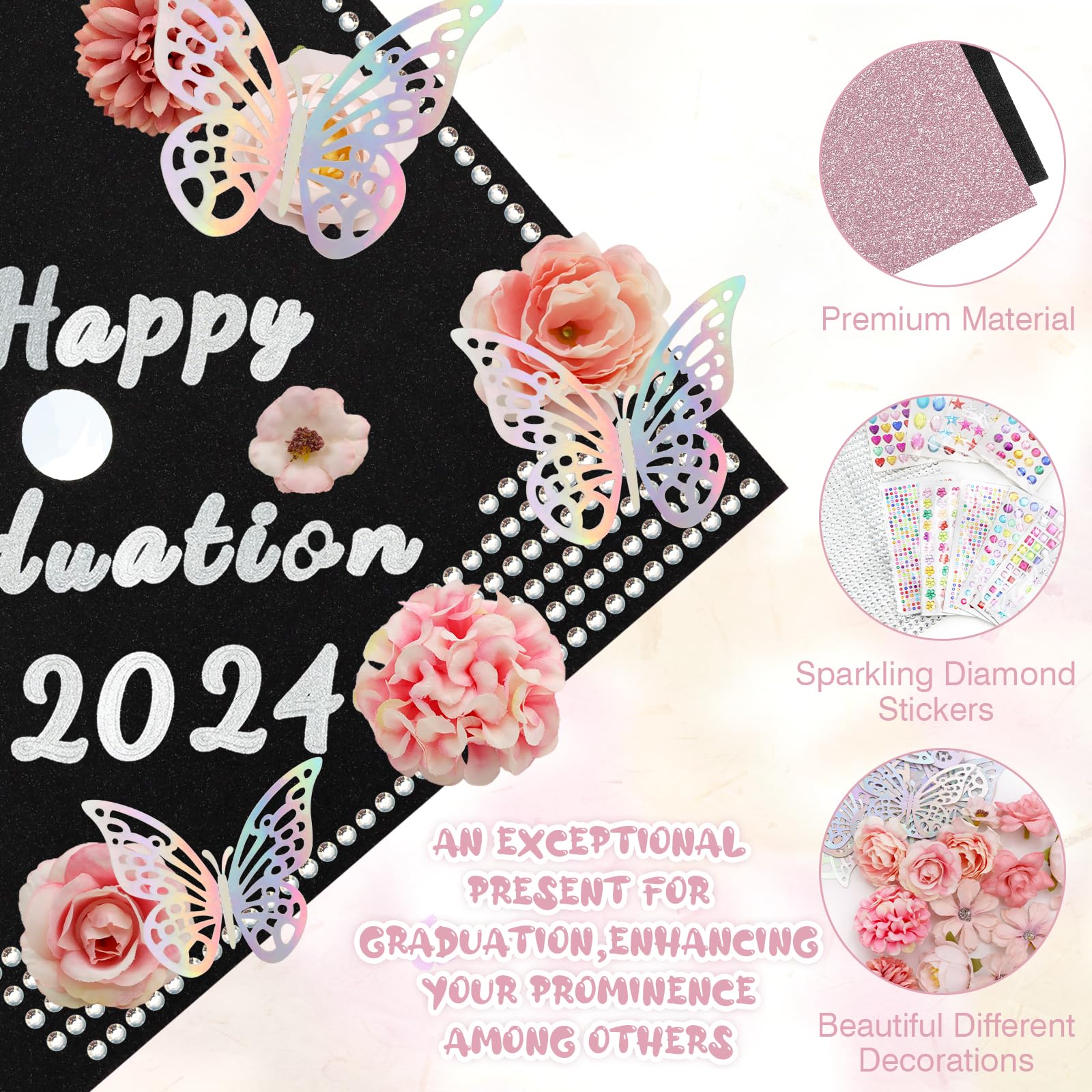 ZYNERY Graduation Cap Decorations Kit, Grad Cap Decorations Includes Glitter Paper 3D Butterfly