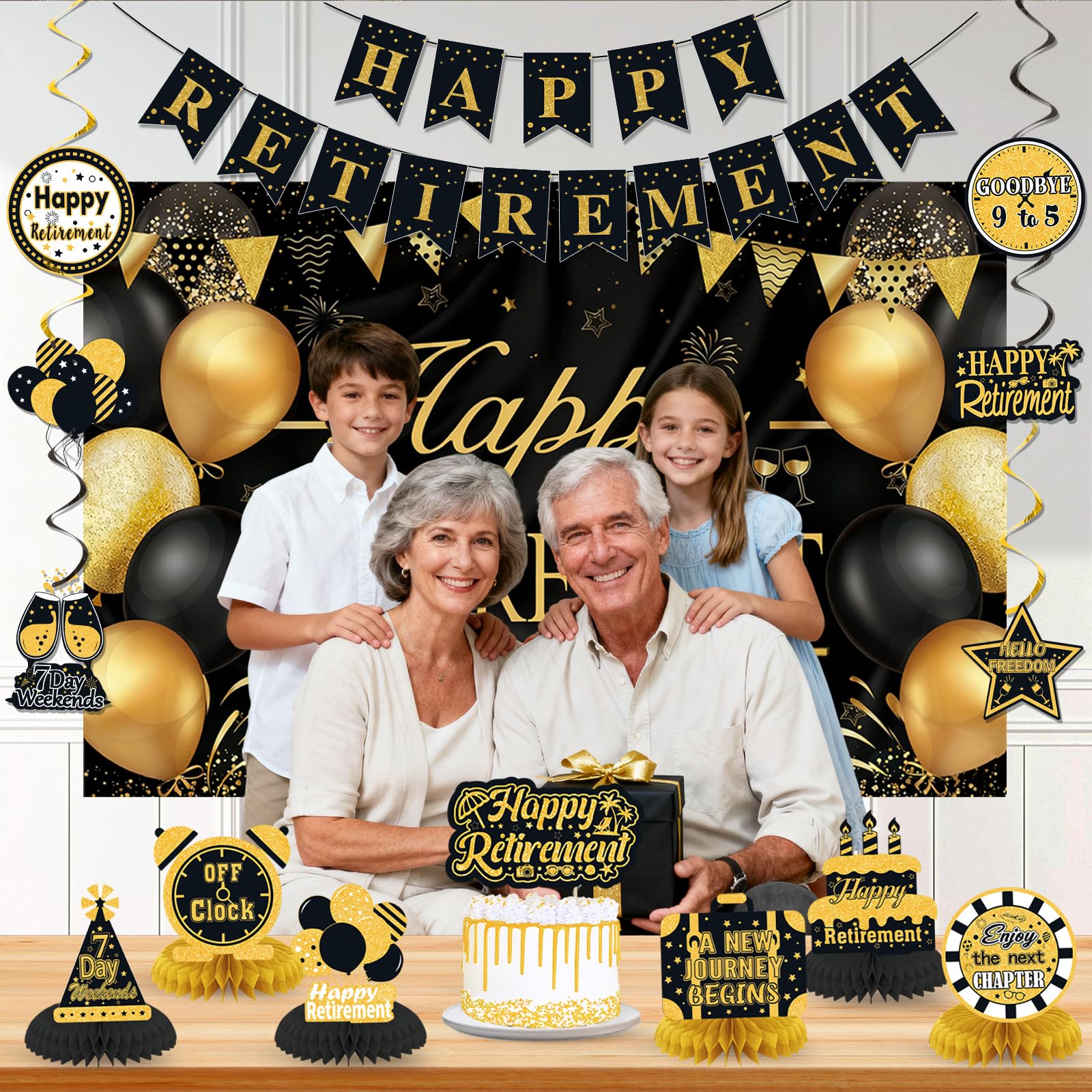 Retirement Party Decorations for Men Women Black Gold Happy Retirement Banner Backdrop Honeycomb