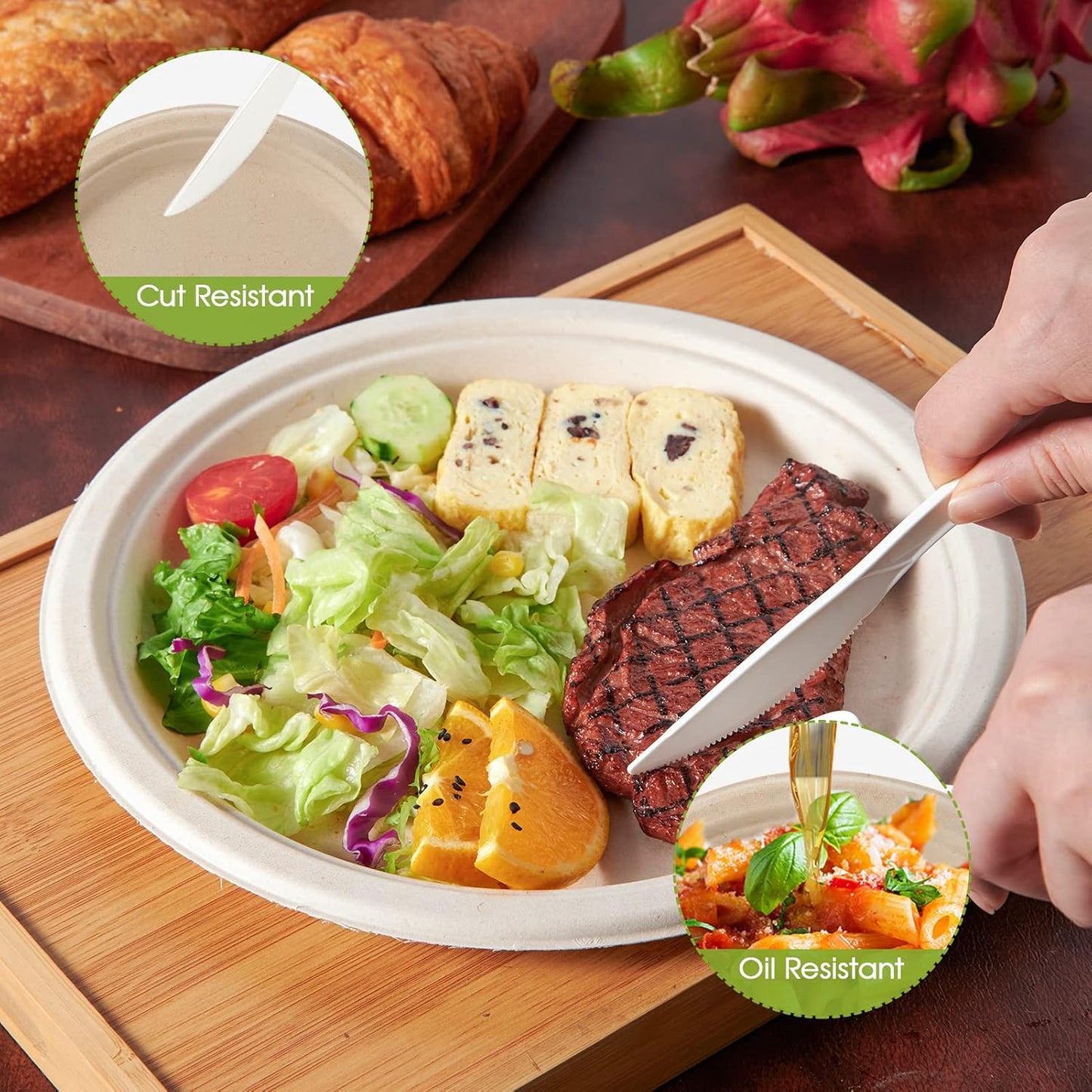 ECOLipak 100% Compostable 10 Inch Paper Plates, 125 Pack Heavy Duty Disposable Biodegradable Eco-friendly Sugarcane Bagasse Plates for Dinner Party