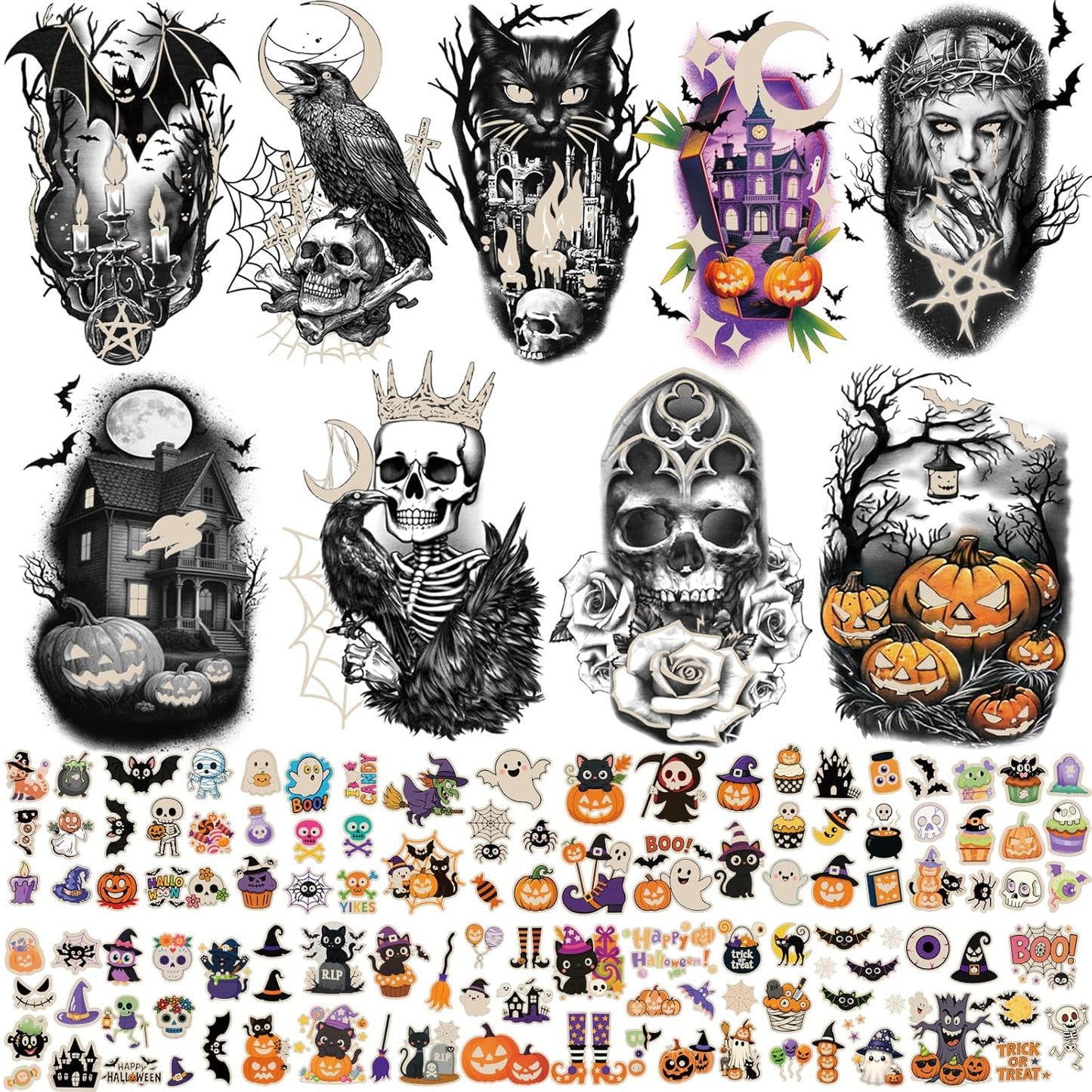 39 Sheets Halloween Glow Up Temporary Tattoos Women Men Adults, Skeleton Death Skull Pointed Black Hats Brooms Cauldrons Black Cats Half Arm Halloween Fake Tattoo, Scary Tattoos for Halloween Costume