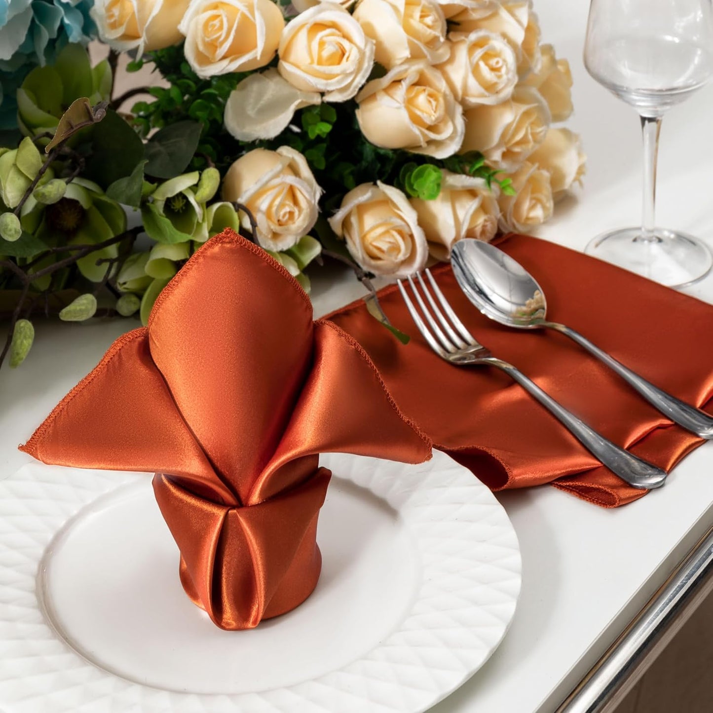 36 Pack Square Satin Dinner Napkins, 16x16 Inches Silky Soft Smooth Table Cloth Napkins for Restaurant Weddings Banquet Party Decoration, Burnt Orange