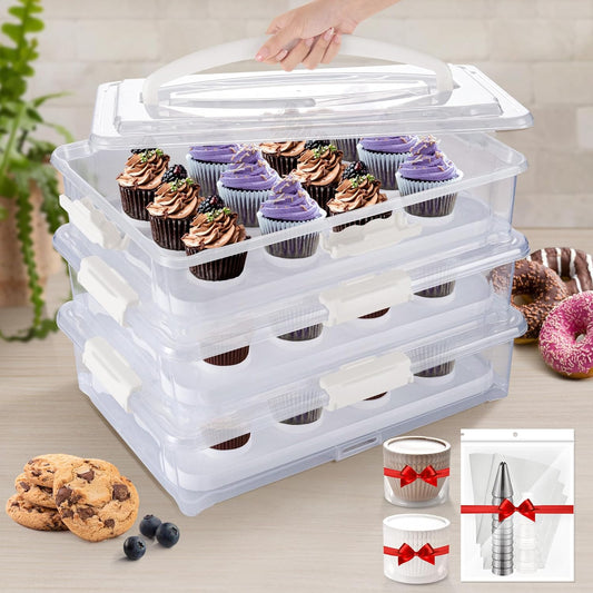 ARC 3-Tiers Cupcake Carrier (White) - Cupcake Holder and Cake Transport Container that Holds up to 36 Cupcakes or 3 Large Cakes - BPA-Free, Great for Parties & Festivals