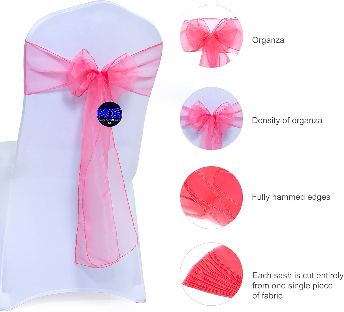 MDS Pack of 25 PCS Organza Chair Sashes Wider Dining Chair Bows Ribbon Tie Back for Wedding Party Birthday Bridal Shower Reception Event Banquet Home Chair Cover Decoration - Coral