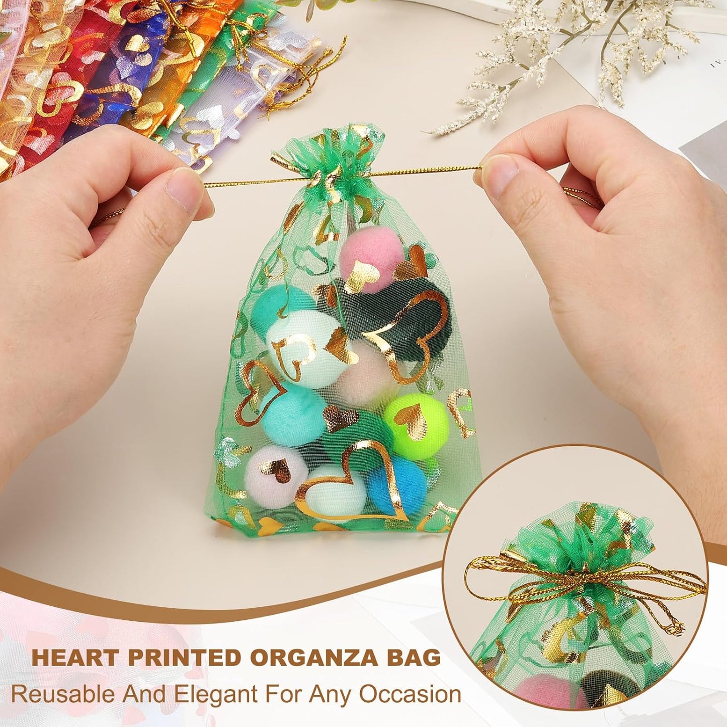 PATIKIL 50 Pcs 4x6 Inch Heart Printed Organza Bags, Pink Sheer Heart Organza Bags with Drawstring for Christmas Candy Jewelry Party Wedding Favor Gift