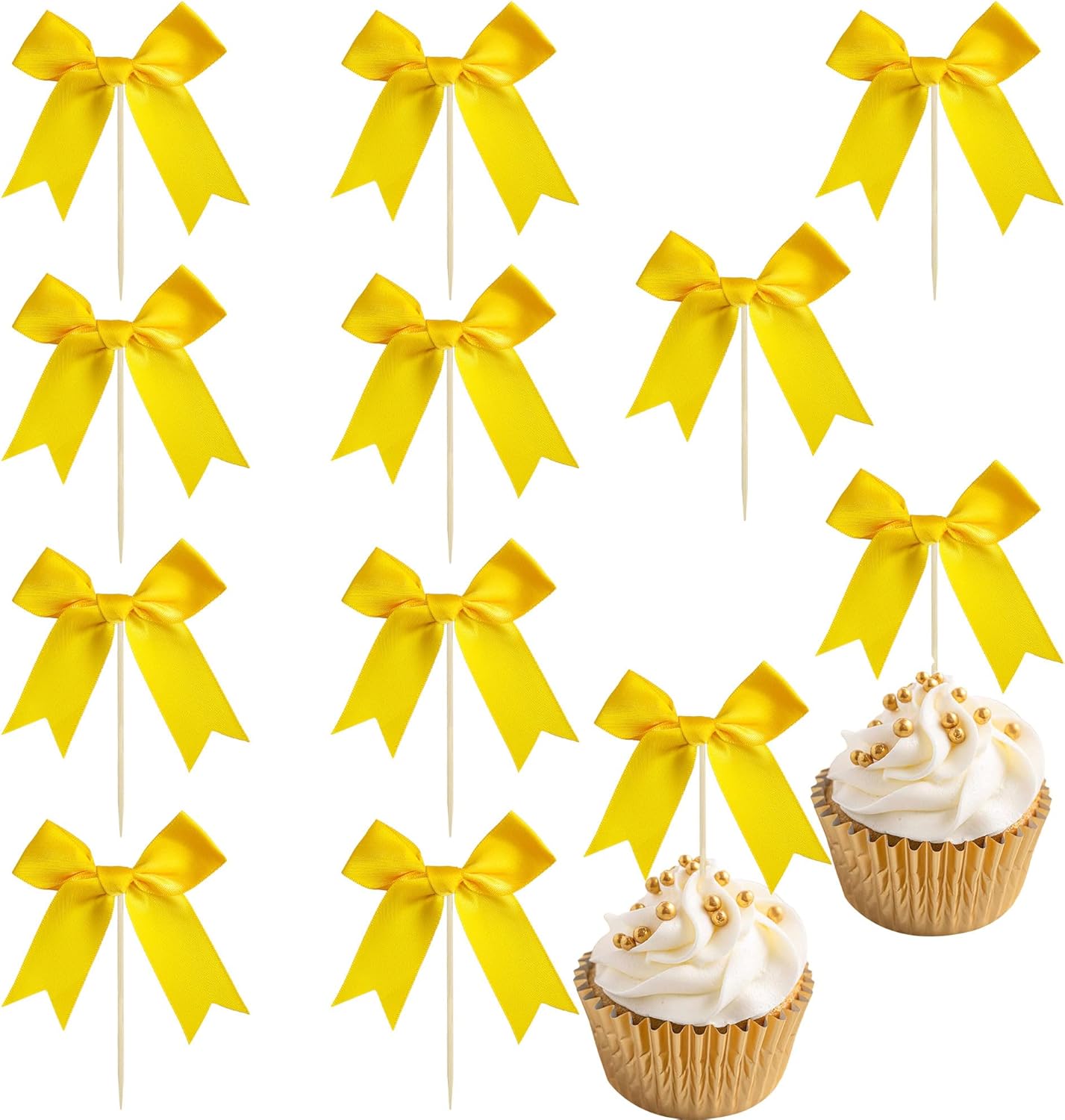 Ephlyn 24Pcs Yellow Bow Cupcake Toppers Bow Cake Topper Birthday Decorations Mini Bowknot Cupcake Picks for Coquette Theme Party Decoration Bachelorette Bridal Engagement Wedding Party Yellow