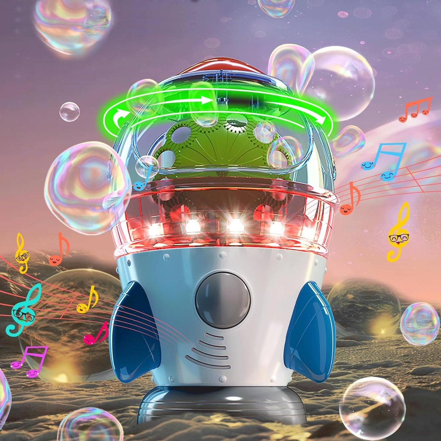Rocket-Shaped Bubble Machine for Kids & Pets - Dual Powerful Bubble Outlets, Automatic 360° Rotation, Adjustable LED Lights & Music – Ideal for Indoor/Outdoor Birthday Parties