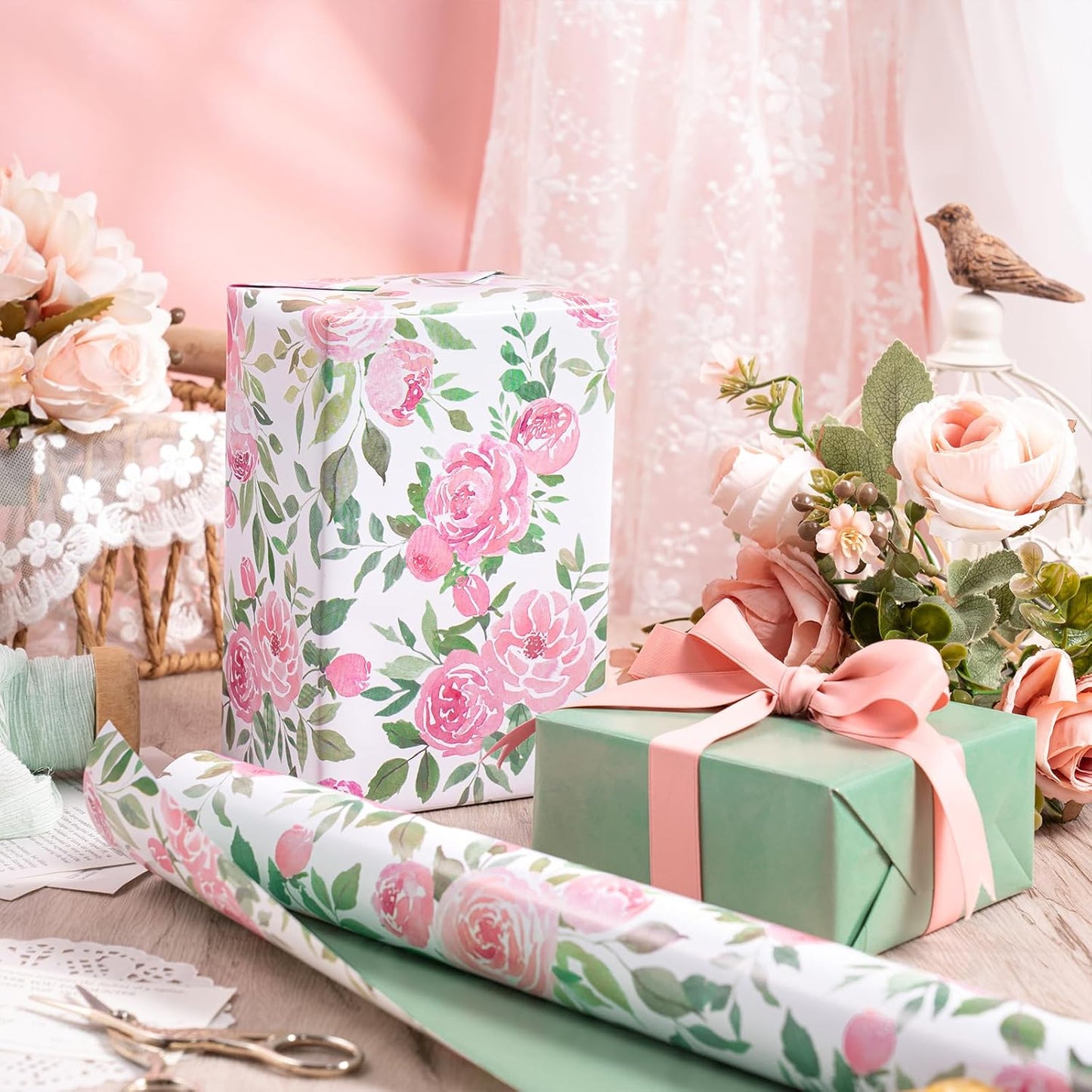 RUSPEPA Reversible Floral Wrapping Paper Roll for Girls Women, Mini Roll, Pink Rose Design and Green Solid Color, Elegant Gift Wrap for Birthday, Mother’s Day, Bridal Shower, 17 Inches x 16.4 Feet