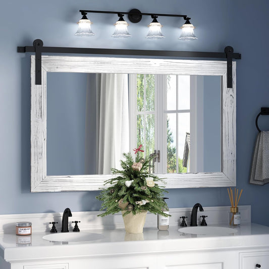 COGOOD Farmhouse Barn Door Mirror - 41" x 26" Rustic Wood Framed Wall Mirror for Bathroom, Living Room, Bedroom Wall Decor (White)