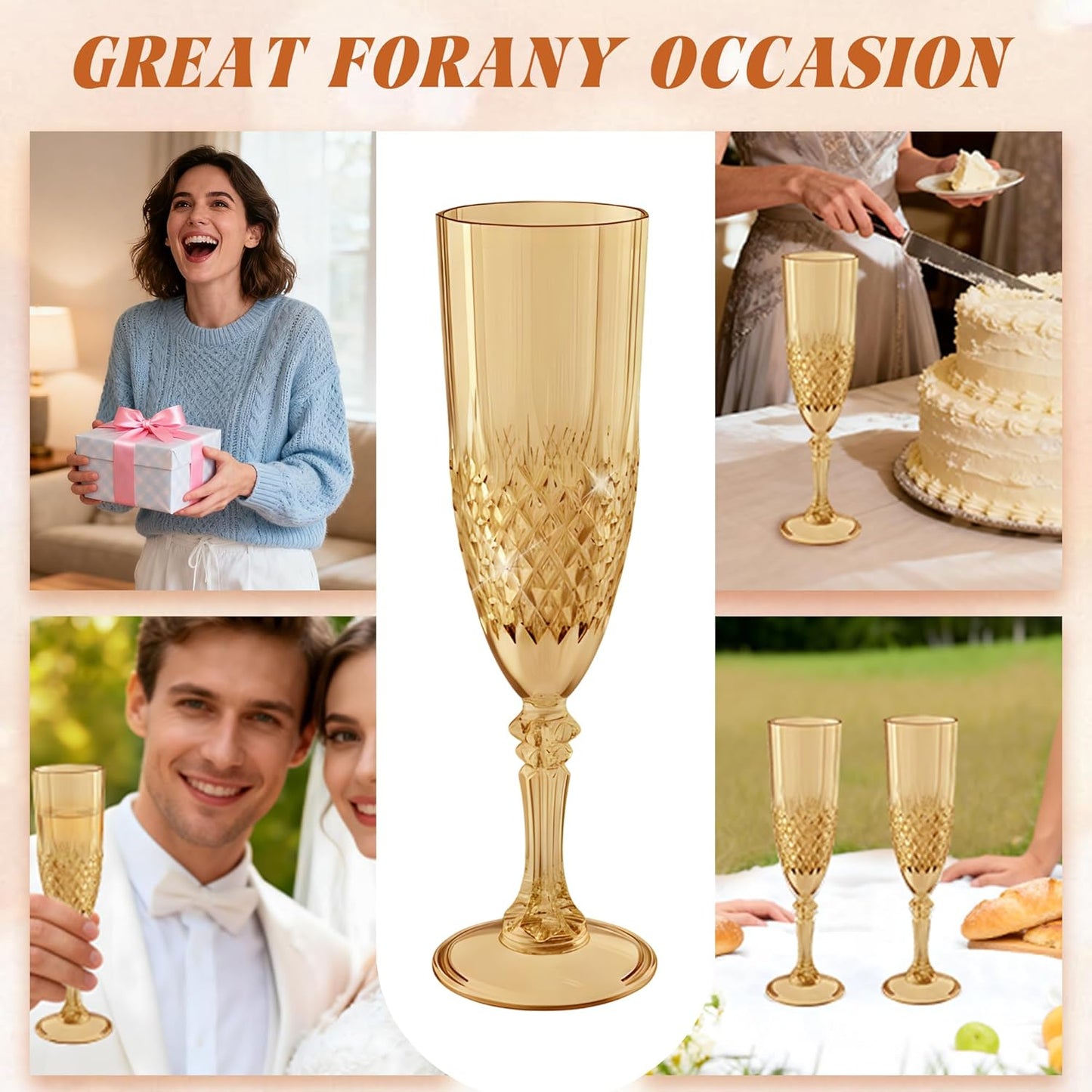 Plastic Champagne Flutes, 12PCS Gold Wine Glasses Goblets Cups Reusable Flute, for Weddings Bachelor Parties Toasting and Events(12, Gold)