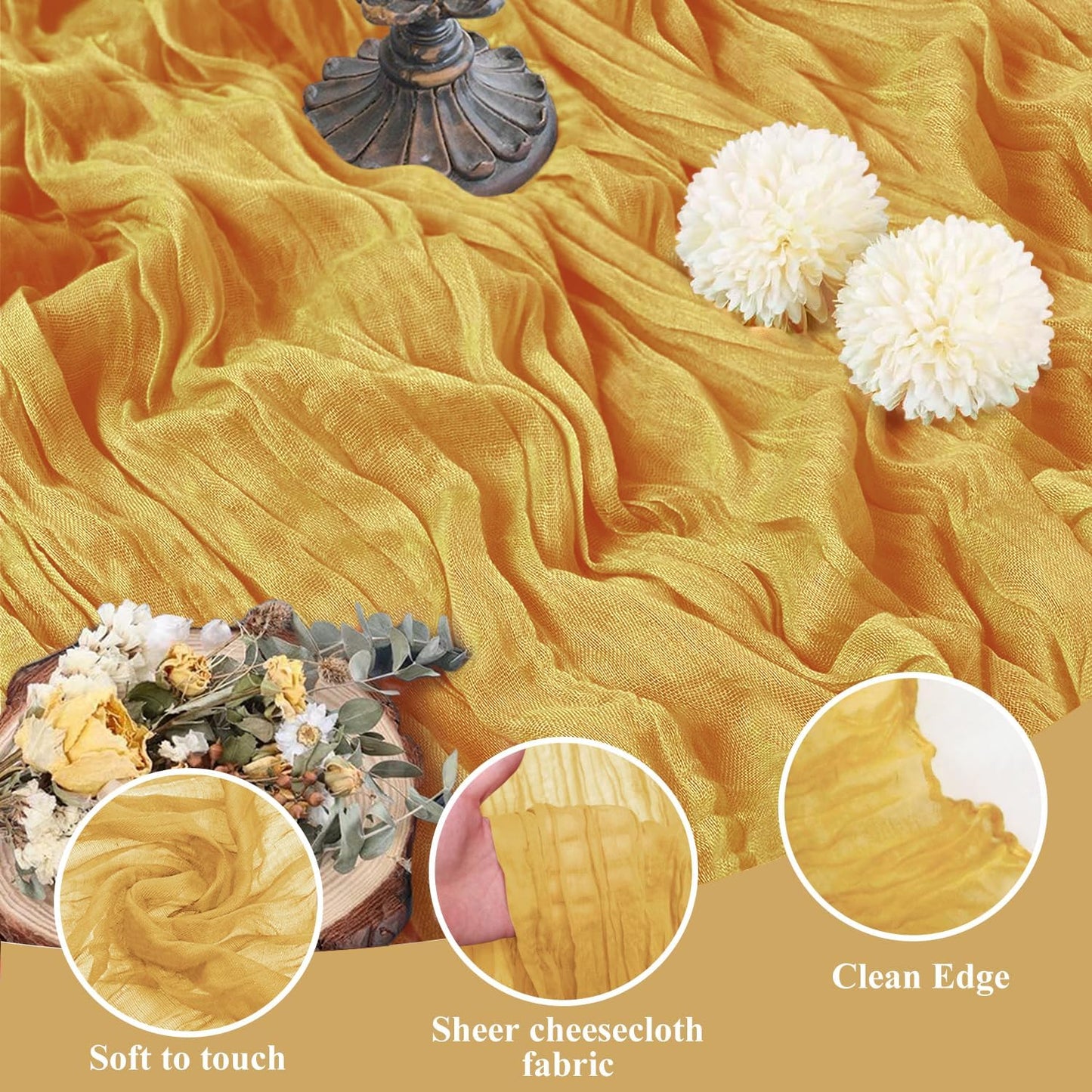 Asee'm 12pcs Cheesecloth Table Runner 120 Inches Long Gold Boho Gauze Cheese Cloth Runner 10FT Rustic Sheer Table Runners for Christmas Wedding Party Baby Shower Spring Easter Decoration