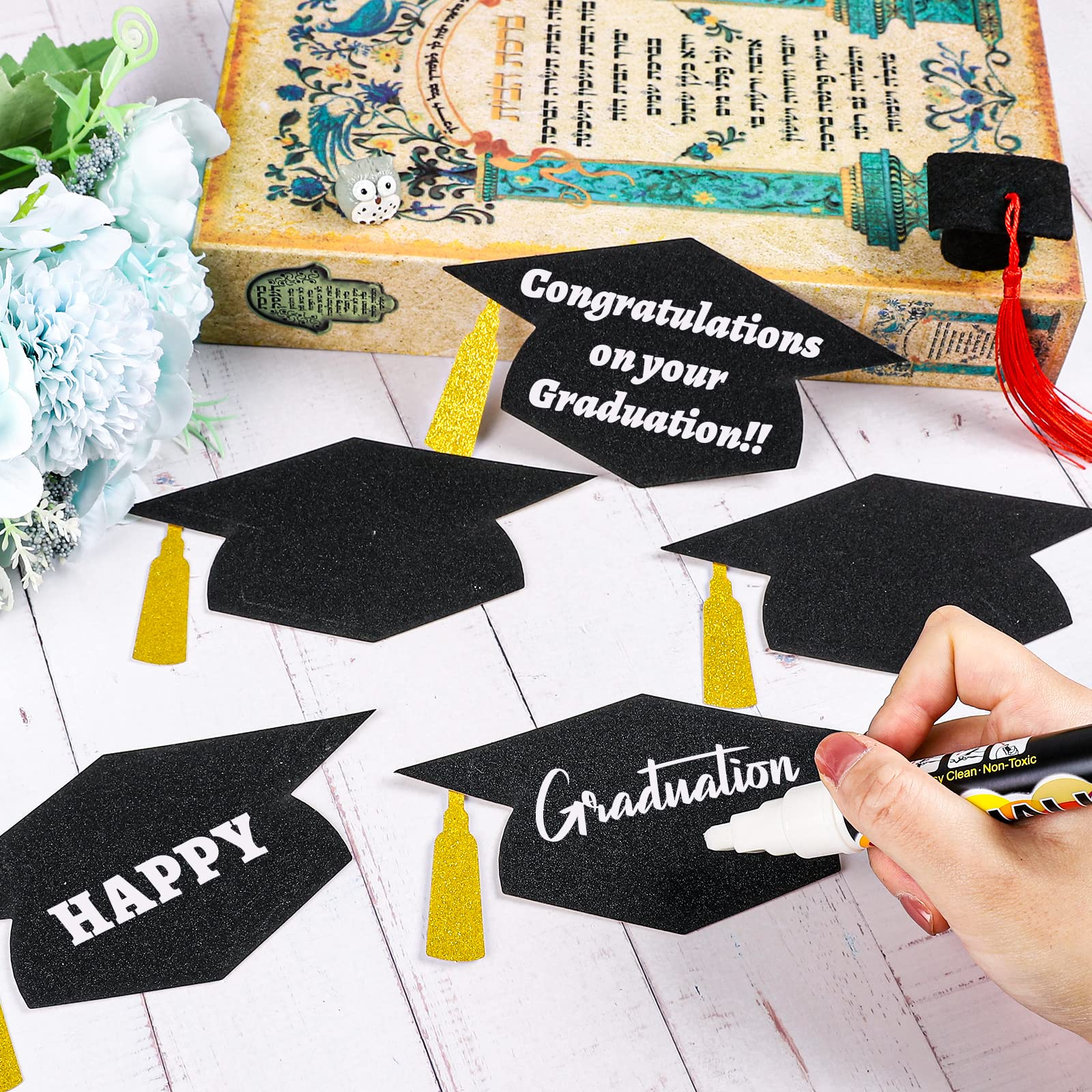 Whaline 50Pcs Grad Caps Cutouts Glitter Black Gold Graduation Hat Cutouts 5.7 Inch Grad Cap