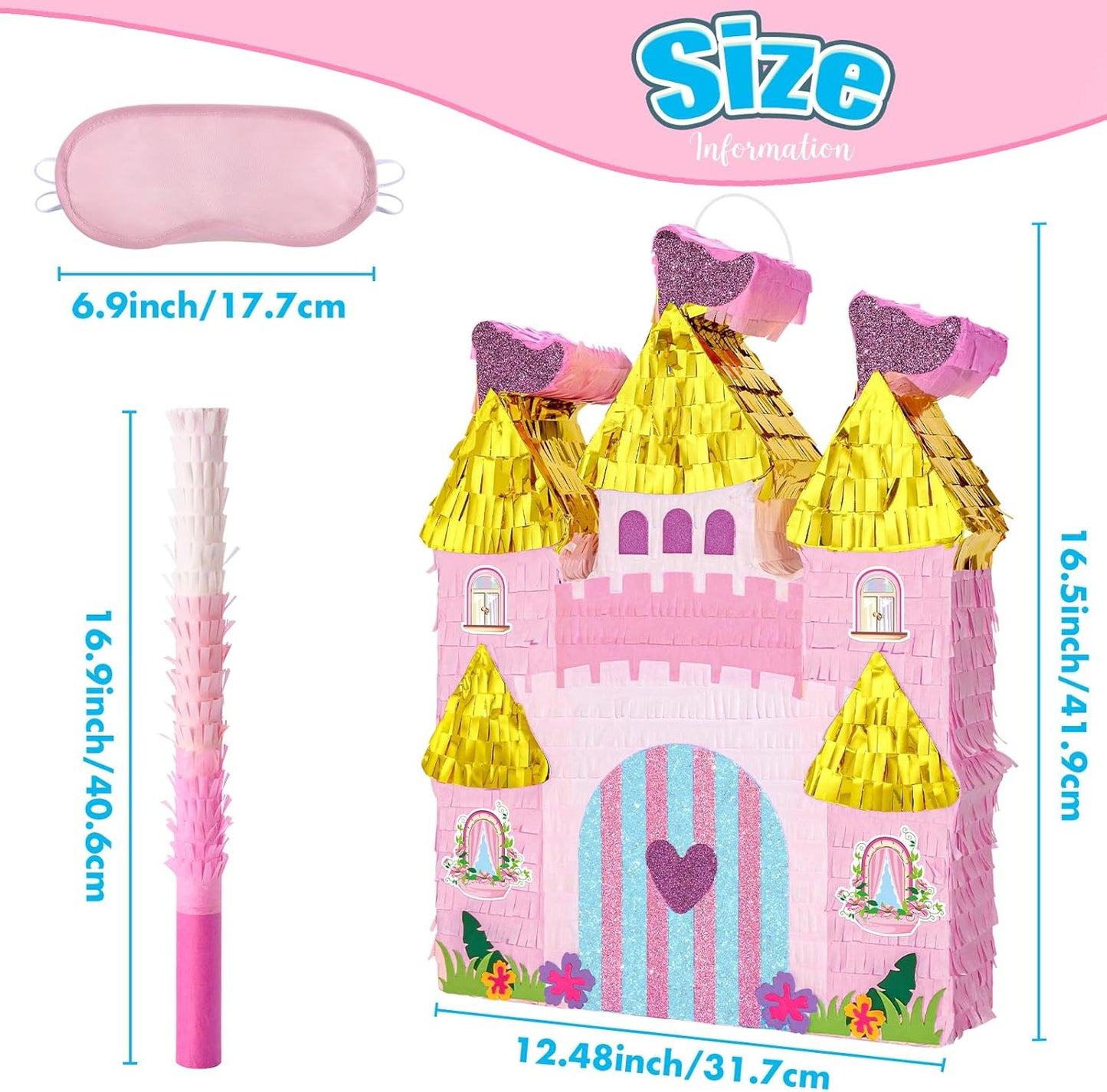 WERNNSAI Princess Castle Piñata - Princess Birthday Party Decorations Pink Princess Piñata with Blindfold and Bat for Birthday Girls Family Game Princess Theme Birthday Party Supplies 16.4” x 12.4”