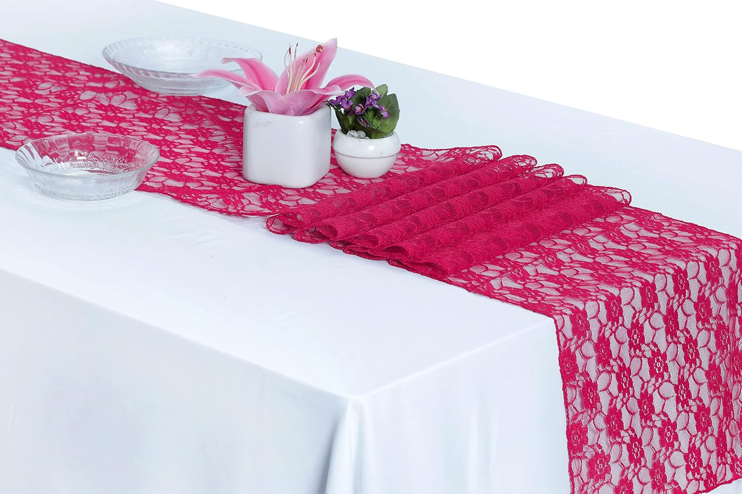 MDS Pack of 20 Wedding 12 x 108 inches Lace Table Runner for Wedding, Decorations for Birthday Parties, Banquets, Graduations, Engagements, and Runners fit Rectangle, Round Table- Magenat