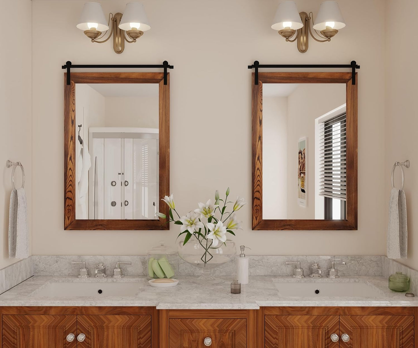 COGOOD Farmhouse Barn Door Wall Mirror - 25" X 38" Rustic Wood Framed Mirror for Bathroom, Living Room, Entryway Wall Decorative (Brown)