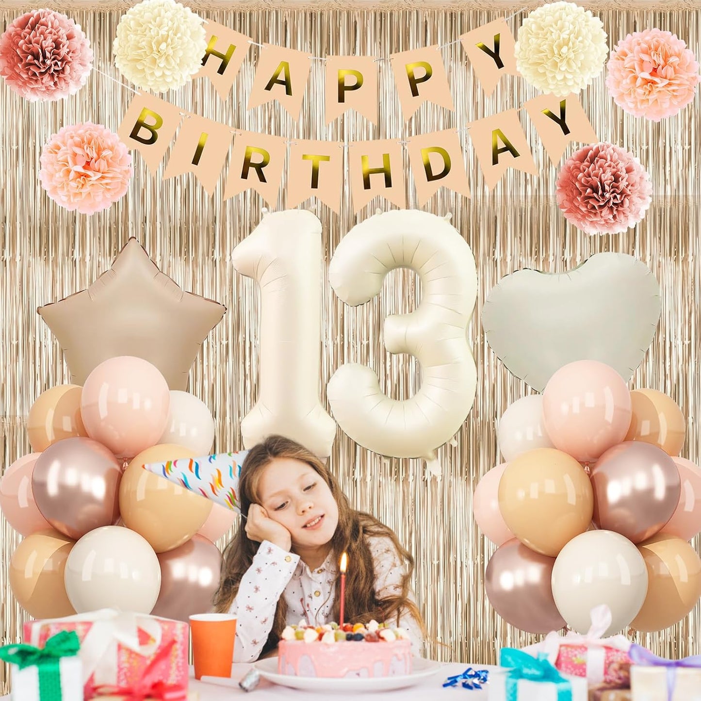Beige 13th Birthday Decorations Girls Boys Cream Number 13 Balloon Nude Gold Happy Birthday Banner Fringe Curtain Paper Pom Poms Blush White Sand Champagne Star Foil Balloons Neutral Boho Party Decor