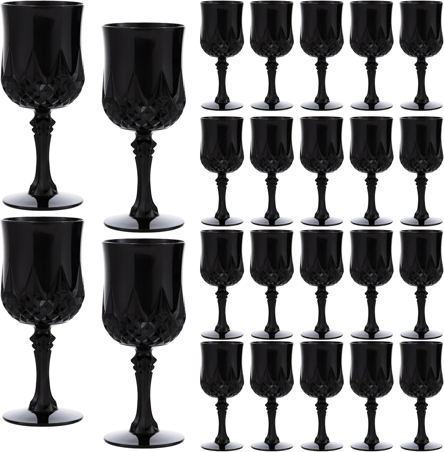 JLYLOL Plastic Vintage Wine Glasses 7OZ Plastic Goblets Vintage Drinking Glasses 24PCS Retro Wedding Glassware Water Goblets Reusable Drinking Cups for Party,Reception,Celebration,Bar,Whiskey(Black)