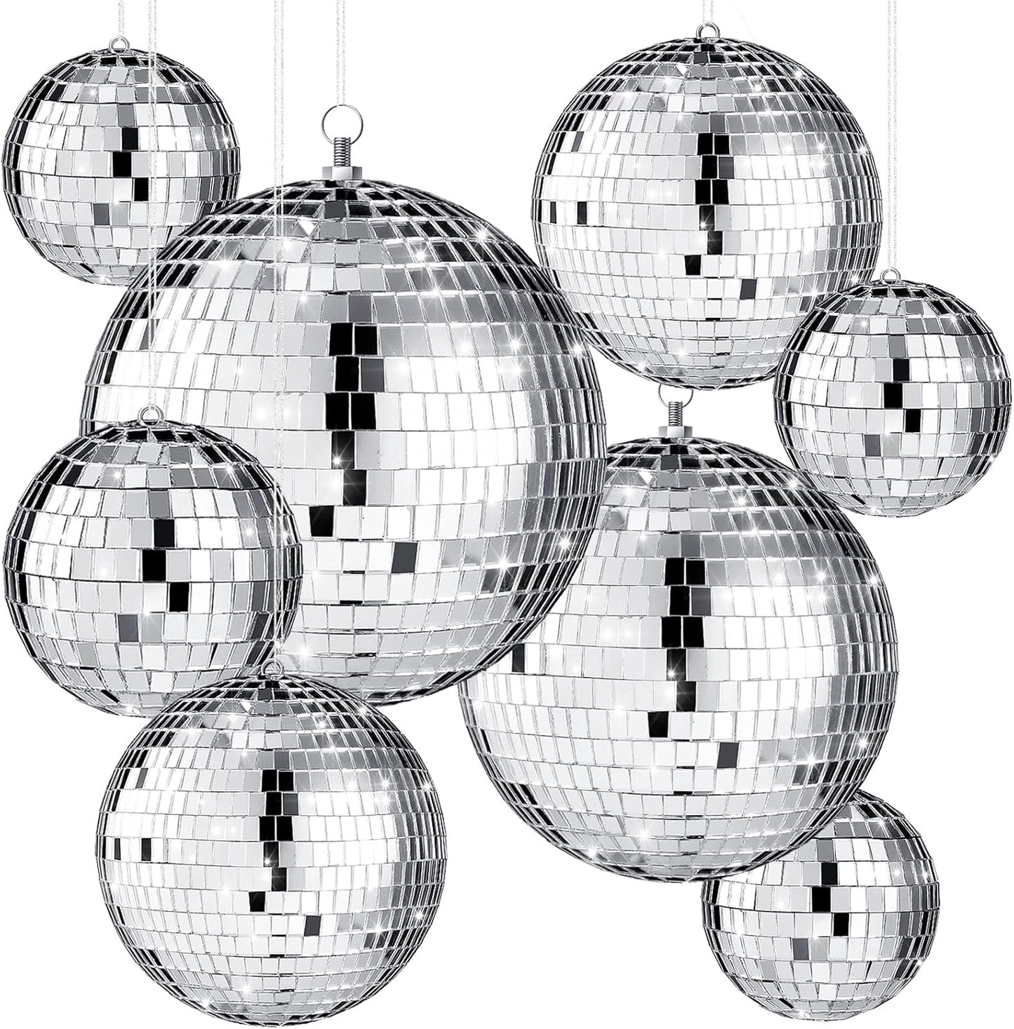 Haull 8 Pcs Large Disco Ball Set Silver Mirror Disco Reflective Ball with Hanging Ring Party Ornament Decoration for Stage Club Ballroom Dance Hall Wedding Prom Props(12'', 8'', 6'', 4'')