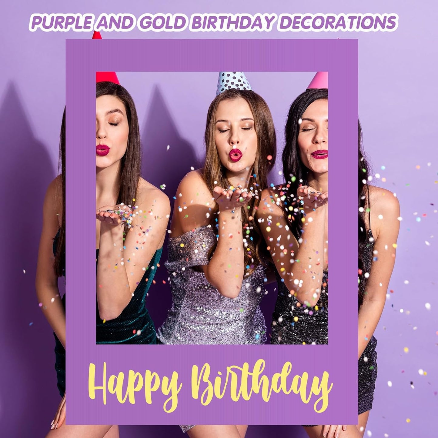 32 x 24 Inch Large Photo Booth Props Picture Frame Happy Birthday Party Frame DIY Cutouts Photo Booth Props Selfie for Party Supplies Favors(Purple Gold,Happy Birthday)
