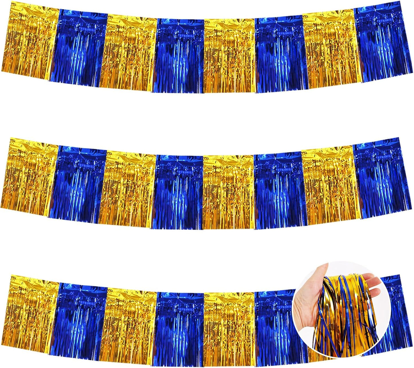 BEISHIDA 3 Packs Metallic Foil Fringe Garland Blue Gold Wall Hanging Tinsel Fringe Banners for Car Floats Bridal Shower Wedding Birthday Easter Graduation Holiday Party Decoration(30 Feet)