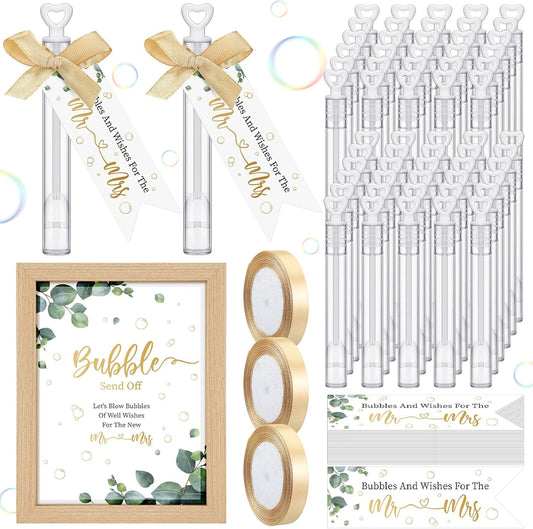405 Pcs Wedding Bubbles Wands Set Include Heart Bubble Wands Bubbles Send Off Cards Gift Tags Wood Photo Frame Ribbons for Wedding Send Off Party Favors(Champagne Gold)